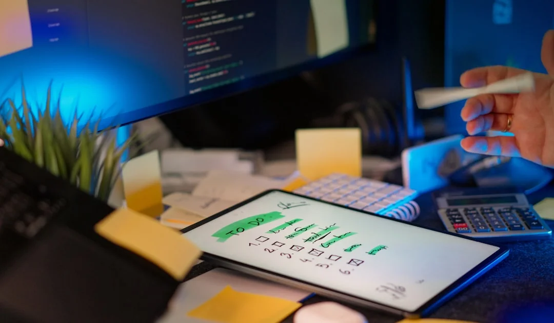 Top view of keyboard, planner with social media marketing note, and tablet on a desk.
